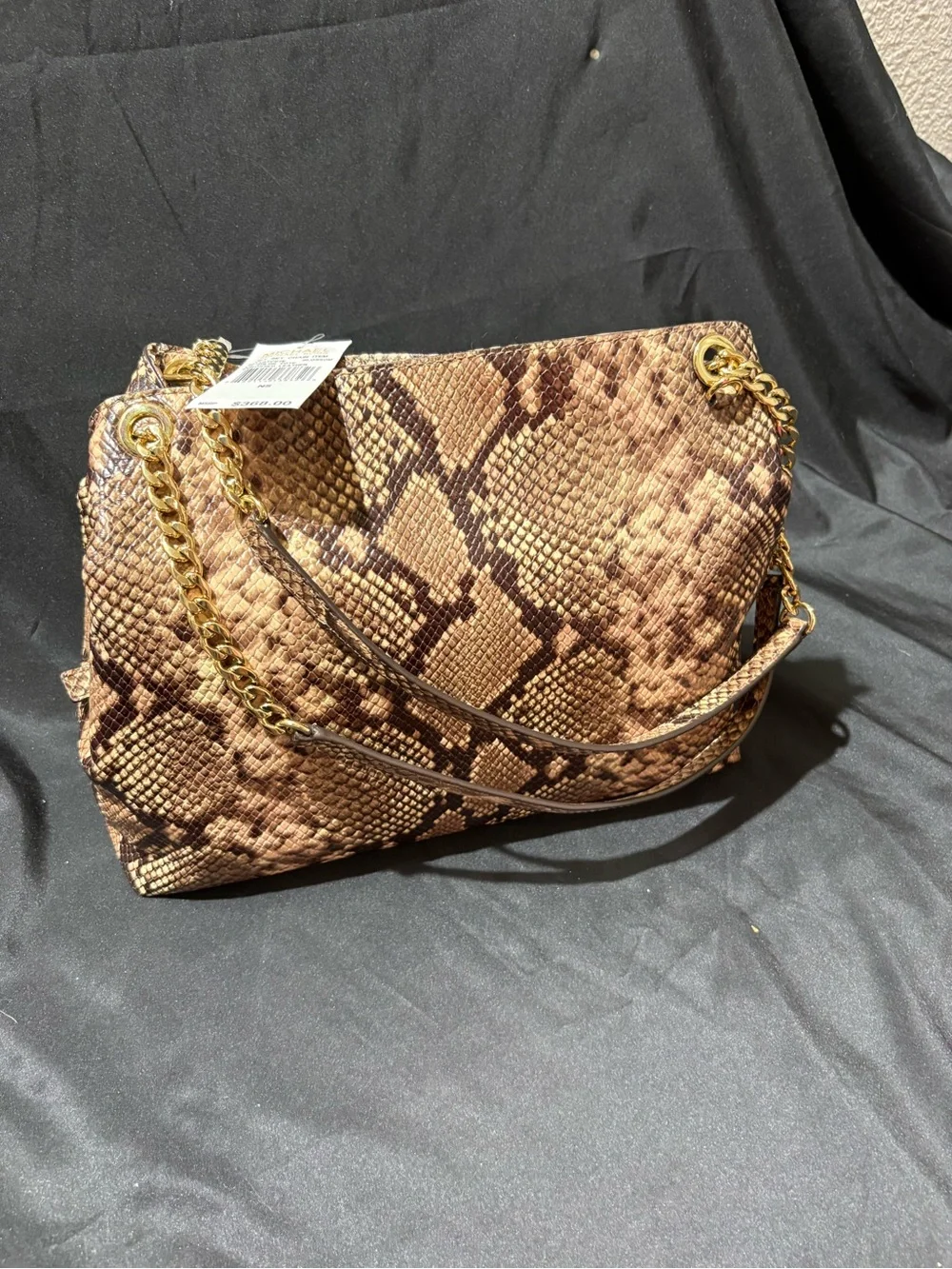 Michael Kors Tan and Brown Snake-Print Shoulder Bag with Gold Chain